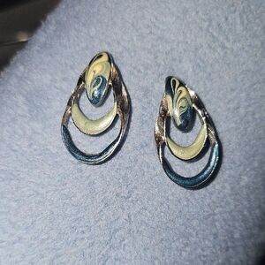 VINTAGE Elegant Blue Green and Silver Teardrop Earrings Women Marble Enamel